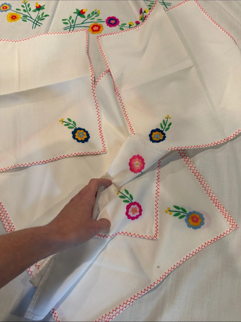 Vintage White Table Linen with Pink, Yellow, Blue & Green Floral Embroidery